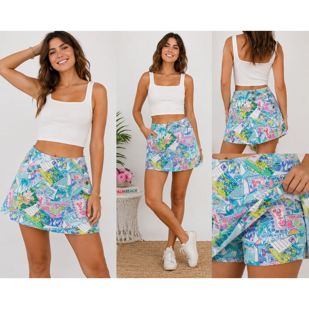Lilly Pulitzer Postcard Print Skort XL Tropical Coastal Mini Skirt